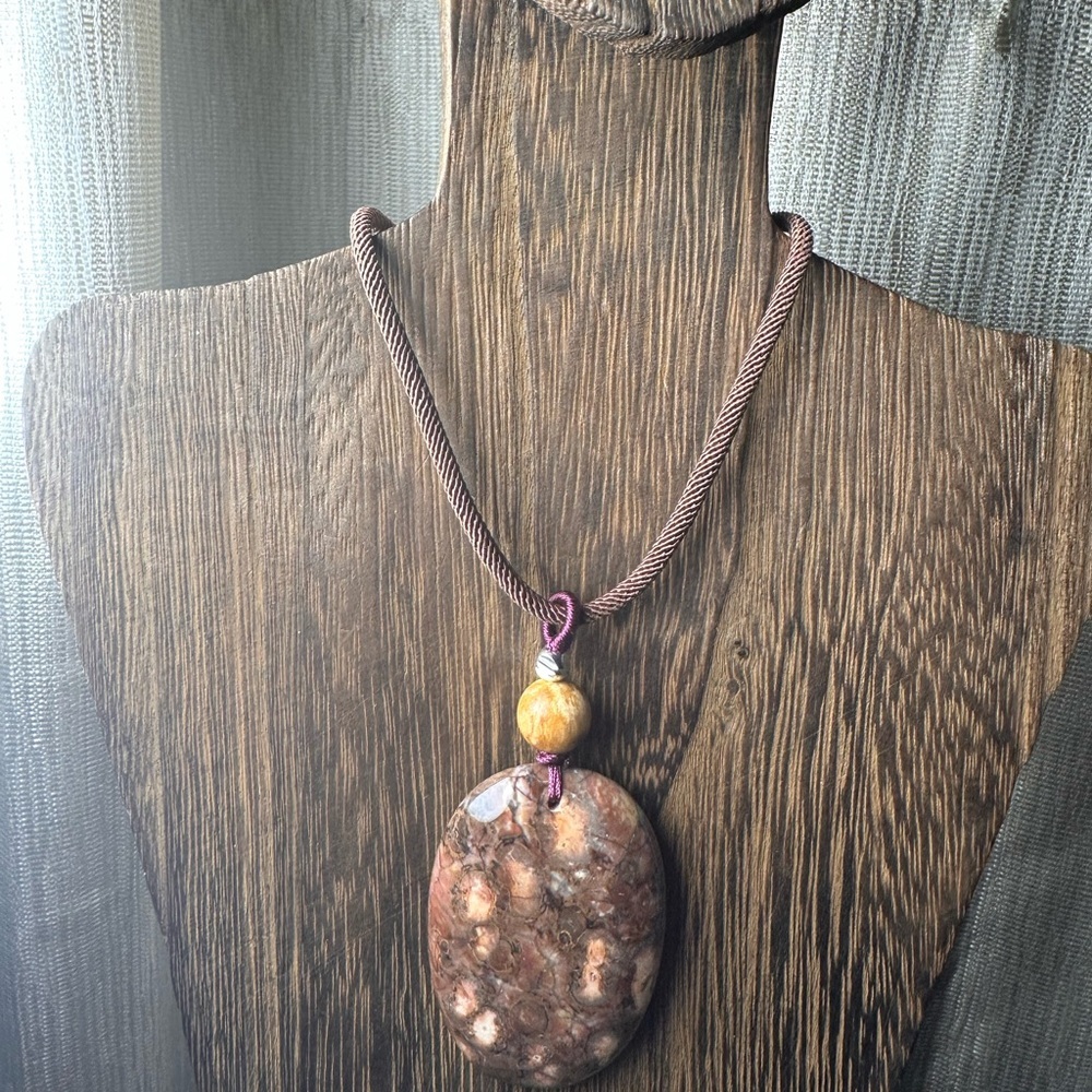 Ocean Jasper Pendant Necklace, Palo Santo Bead on Brown Rope - Picture 3 of 11